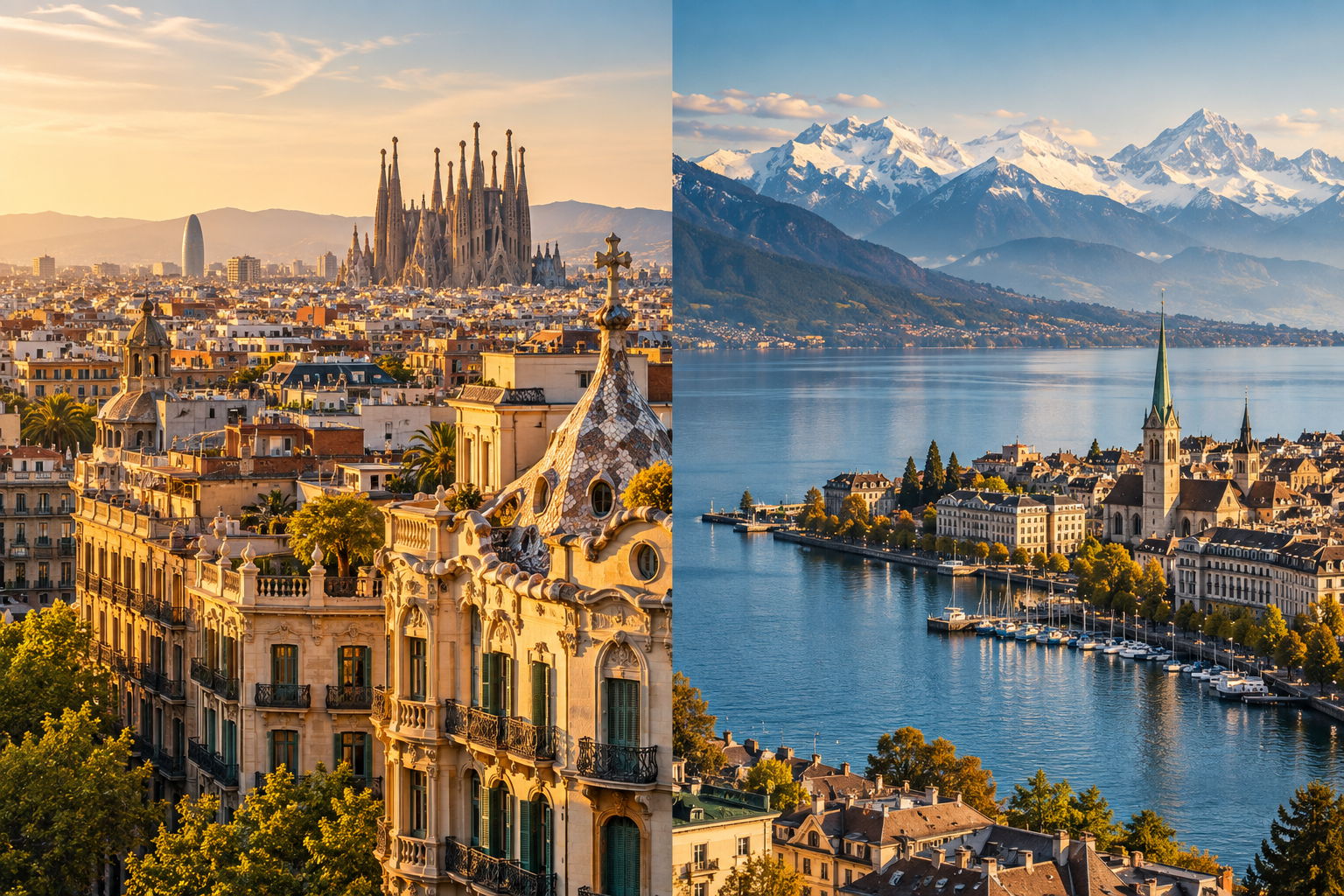 Editorial illustration pairing Barcelona architecture with a Swiss lakeside city and the Alps