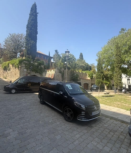 Excellence Chauffeur Barcelona Mercedes vans at a tree-lined entrance