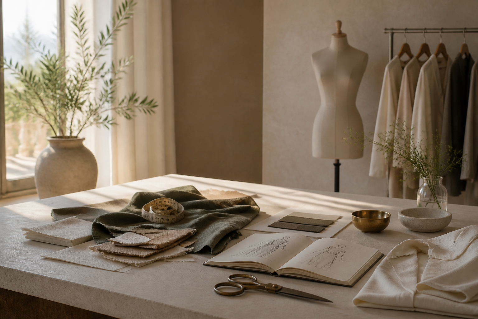 Quiet luxury atelier table with fabric swatches, sketches and tailoring details