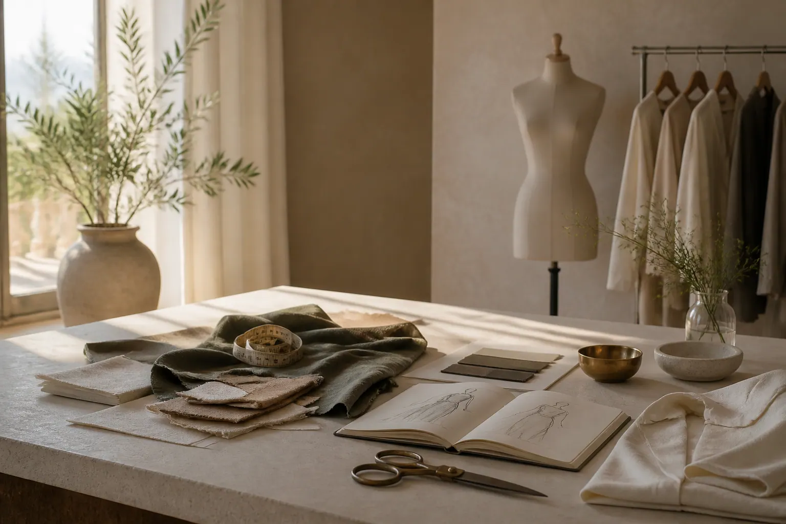 Quiet luxury atelier table with fabric swatches, sketches and tailoring details