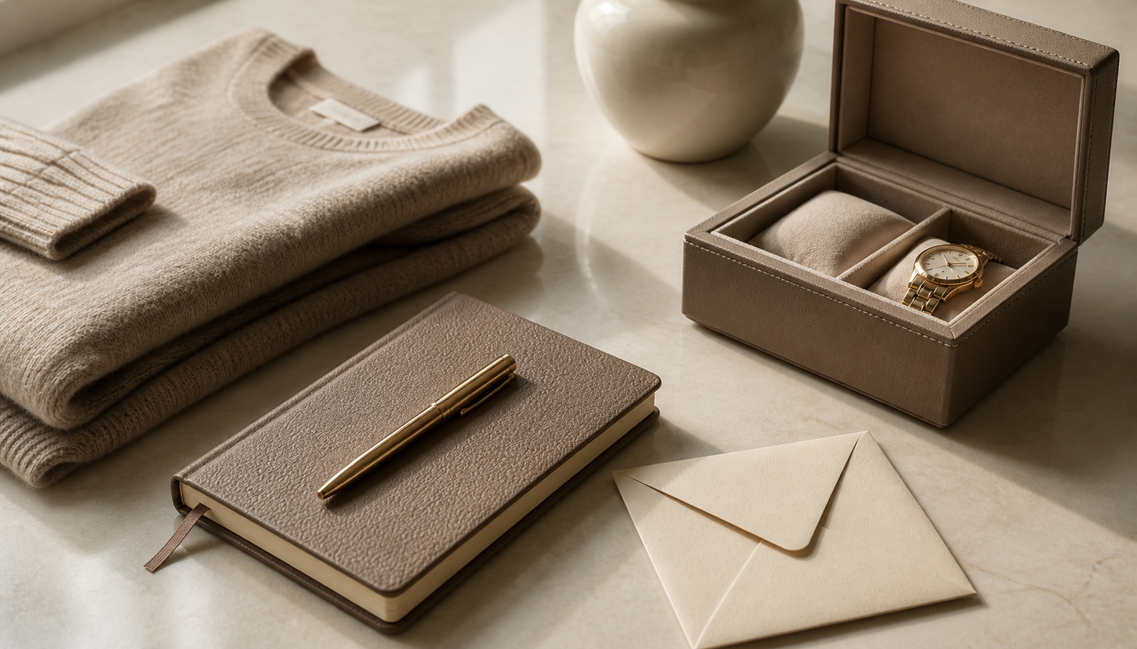 Discreet luxury sourcing arrangement with knitwear, notebook, envelope and watch box