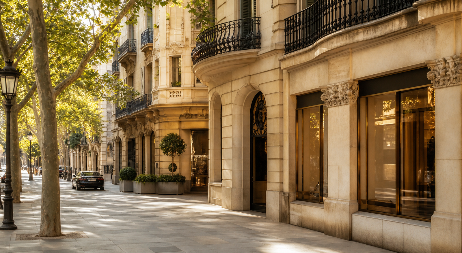 Luxury boutiques and modernist facades on a Passeig de Gràcia inspired Barcelona boulevard
